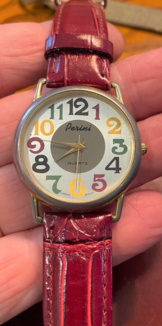 Women's 35mm Gold Tone Perini Watch, Multicolor Dial, Red Leather Band